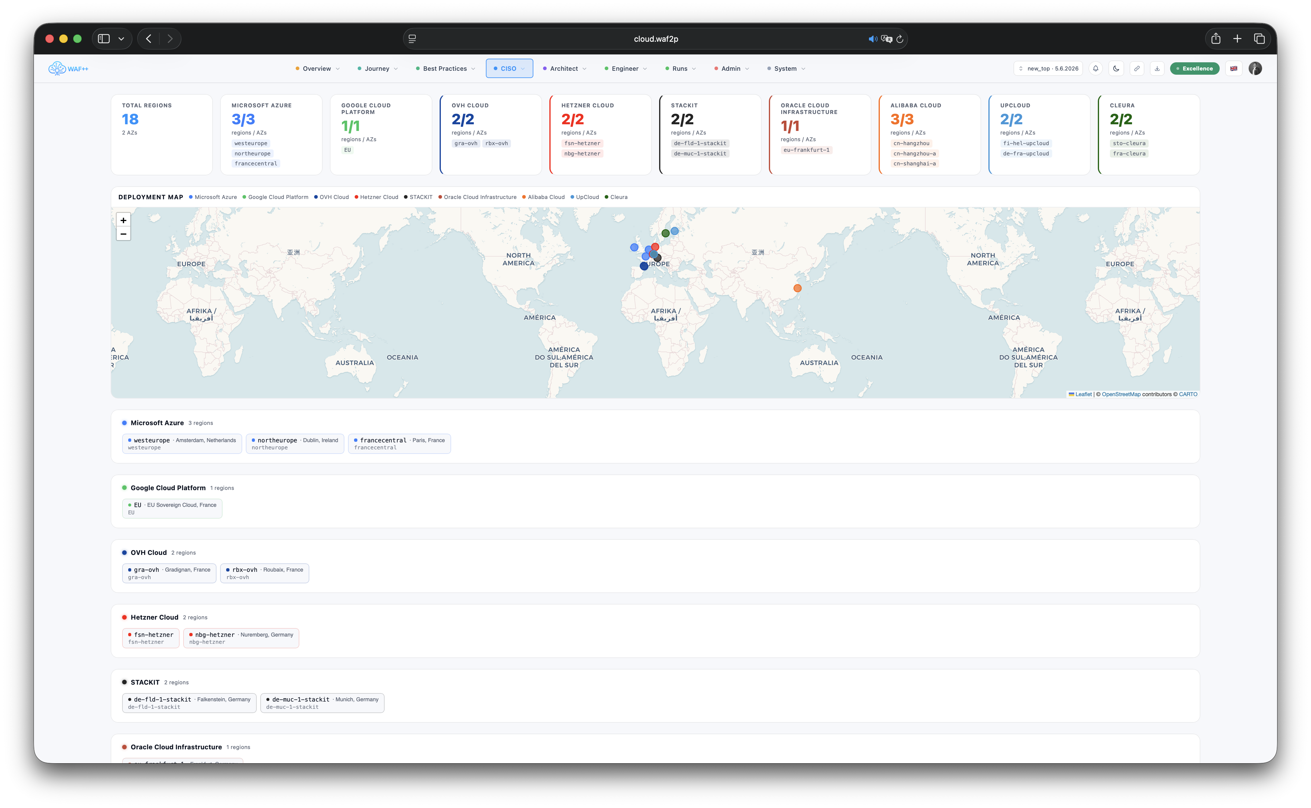 Deployed Region Map showing active cloud regions and compliance status