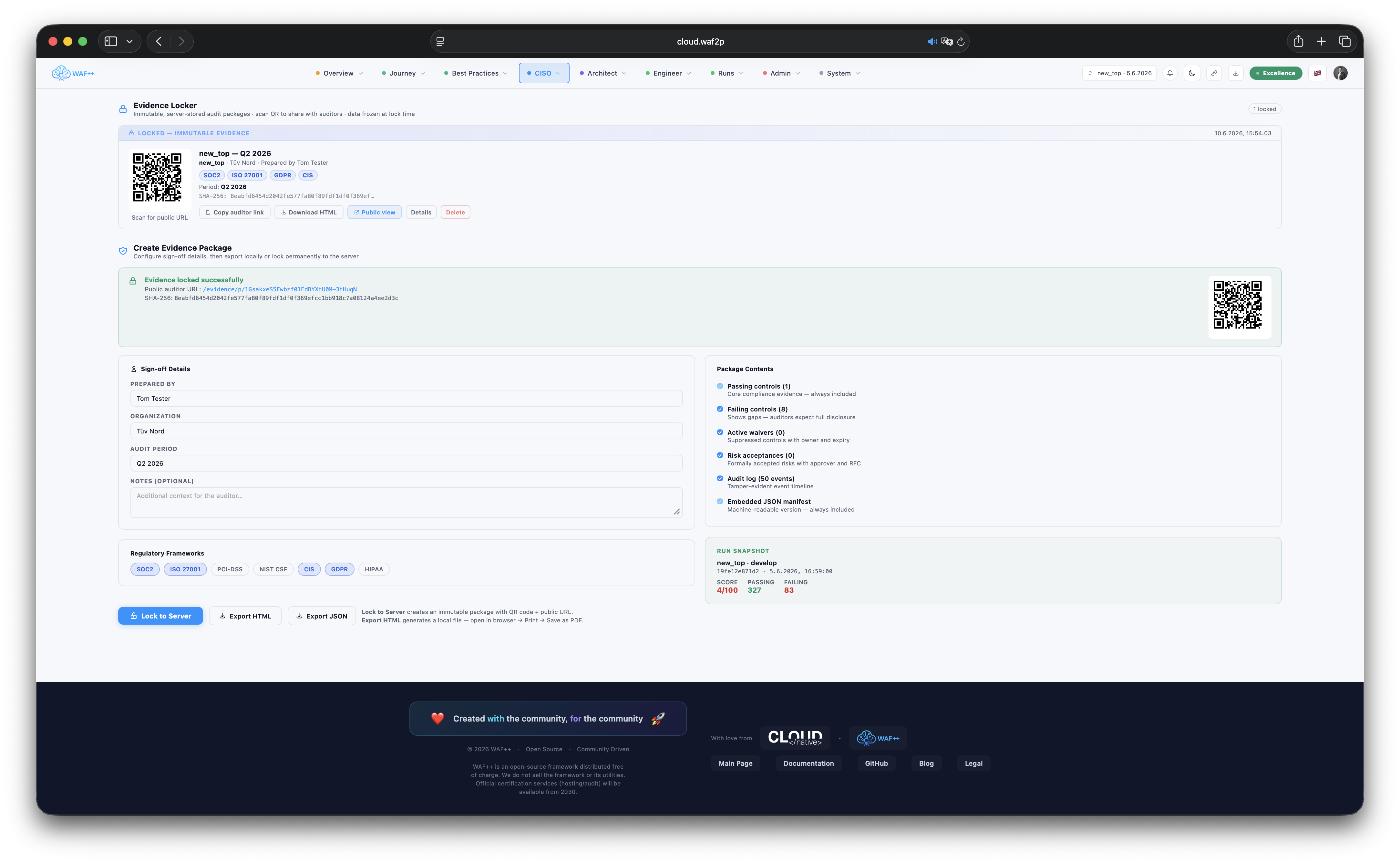 Evidence Locker showing framework-mapped compliance packages
